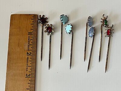 Vintage Straight Pin Brass-tone with Opals & Gemstones 4 Sets of Matching Pairs 2