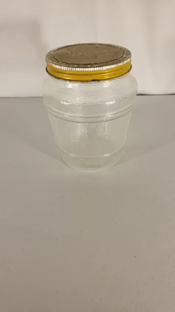 Vintage Anchor Hocking Clear Glass Barrel Jar 6” tall with Yellow Metal Lid