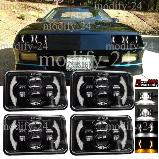 4PCS 4x6" LED Headlights Hi-Lo Halo DRL H4 fit Chevrolet Camaro Z28 Iroc-Z 82-92