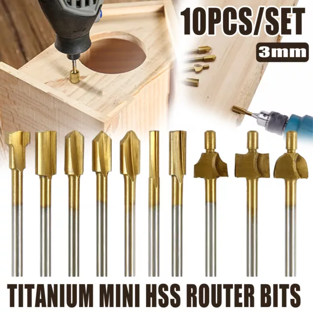 New 10Pcs/Set 3mm Titanium Mini HSS Router Bits Trimmer Shank For Rotary Tool AU
