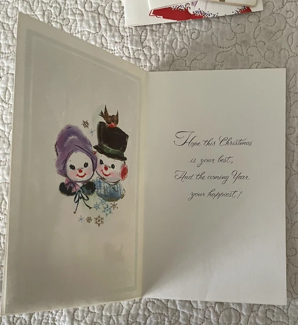 Unused Christmas Snowman Couple Woods Dog Gold Vintage Greeting Card 1960s 1970s 2