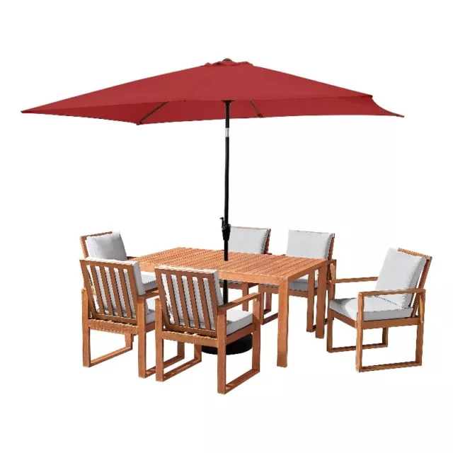 Weston Natural Wood Table with 6 Chairs 10-Foot Rectangular Umbrella Red
