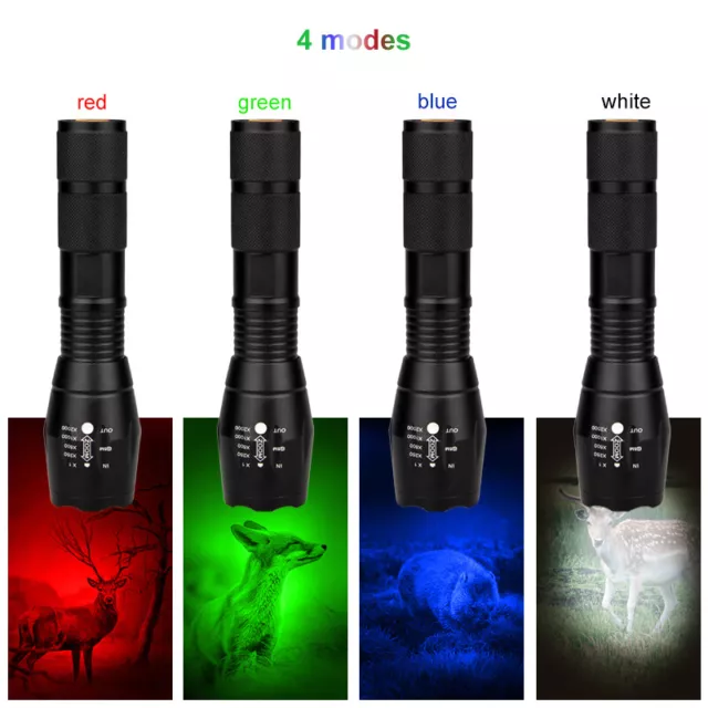 Zoombar 4 in 1 LED Taschenlampe mit Rot Grün Weiß Blau Licht Jagd Nachtsicht DHL