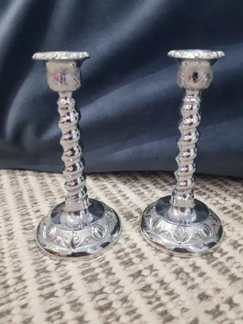 Silver Coloured Metal Pair Of Candle Sticks Candles Holders Made In England