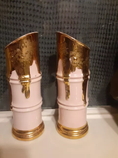 Vintage Pair Savoy China Pink 24k Weaping Gold Hand Decorated Bamboo 8" Vases *2 3