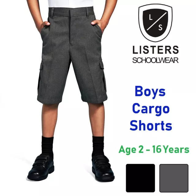 Boys School Cargo Shorts Grey Black Ages 2 3 4 5 6 7 8 9 10 11 12 13 14 15 16