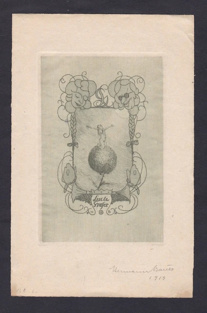 Hermann Bauer Exlibris Radierung etching Lucie Graser Erotik Akt Jugendstil