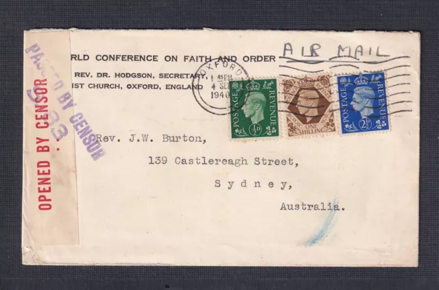 Uk 1940 Ww2 1/2D, 2&1/2D & 1Sh On Censored Airmail Cover Oxford To Australia