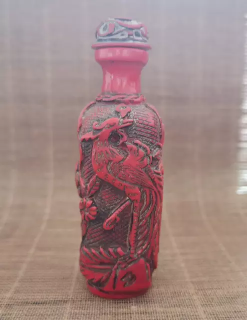 Old Chinese Exquisite Red Coral Hand Carved phoenix statue Snuff Bottle