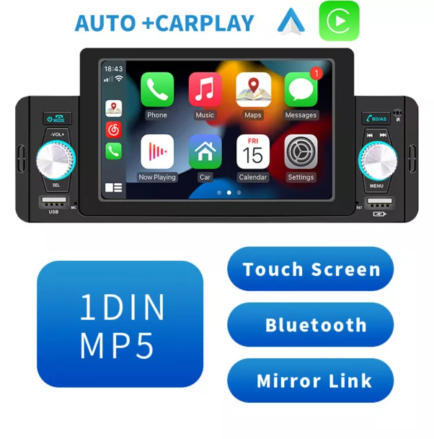 Radio de coche 1 Din 5" Apple CarPlay/Android Auto FM Bluetooth pantalla táctil