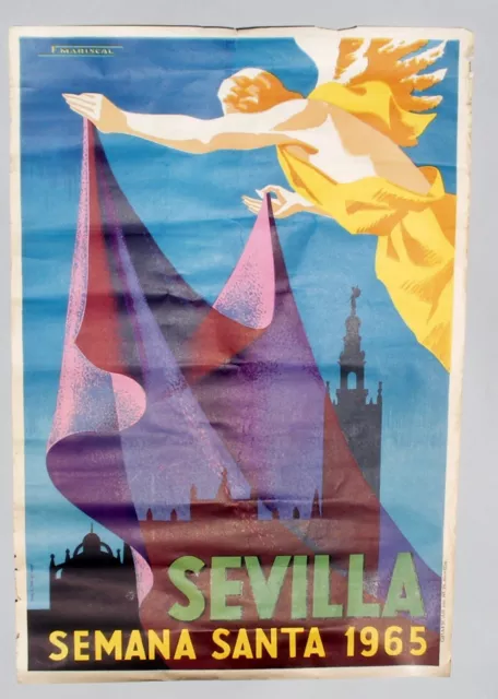 Original Lithograph Poster Spain Semana Santa Sevilla Spanish Mariscal 1965