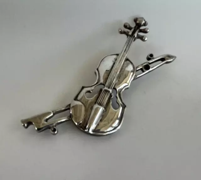 925 Sterling Silver Fiddle And Bow Violin Broche