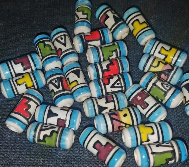 25 Keramik Perlen 14mm Zylinder hellblau rot, Inka Muster, Indianer Schmuck 2