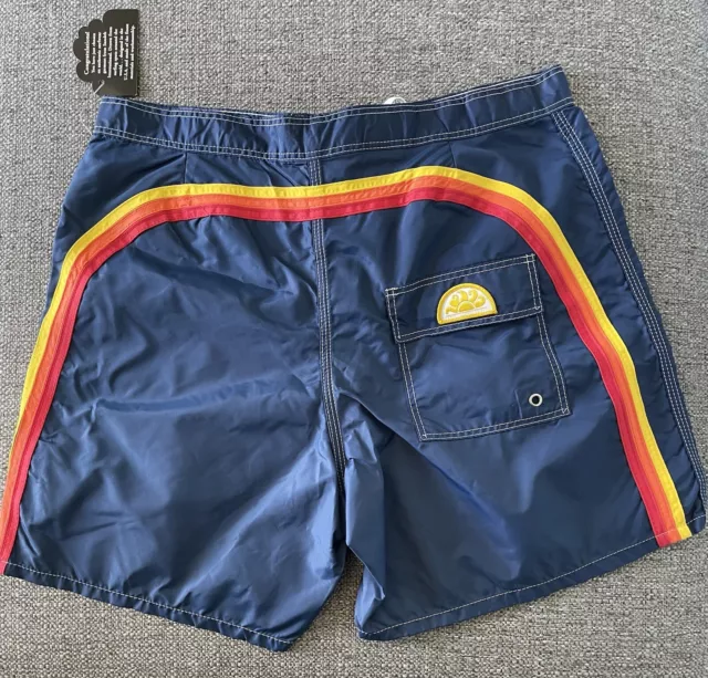 NWT! Sundek Size 34 Navy Blue Rainbow Beach Swim Nylon Shorts Trunks Back Pocket