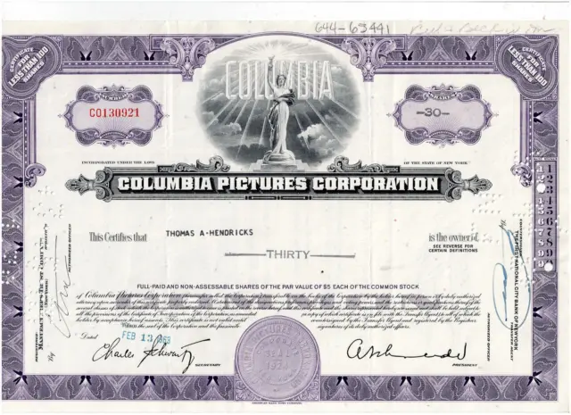 Columbia Pictures Corp., 1963, purple, becoming scarce, VF