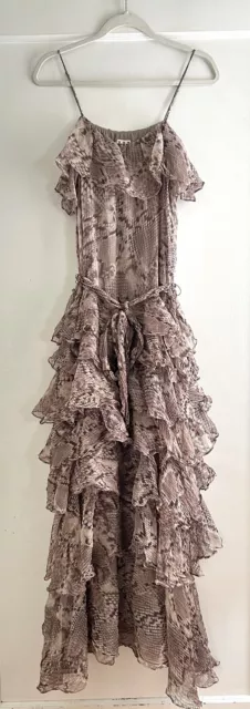 $745 Haute Hippie 100% Silk Snake Print Tiered Ruffle Boho Maxi Dress Size M
