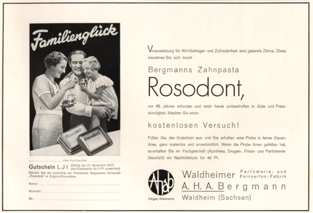 Rosodont Zahnpasta Reklame 1937 Bergmann Waldheim Sachsen Werbung Familie