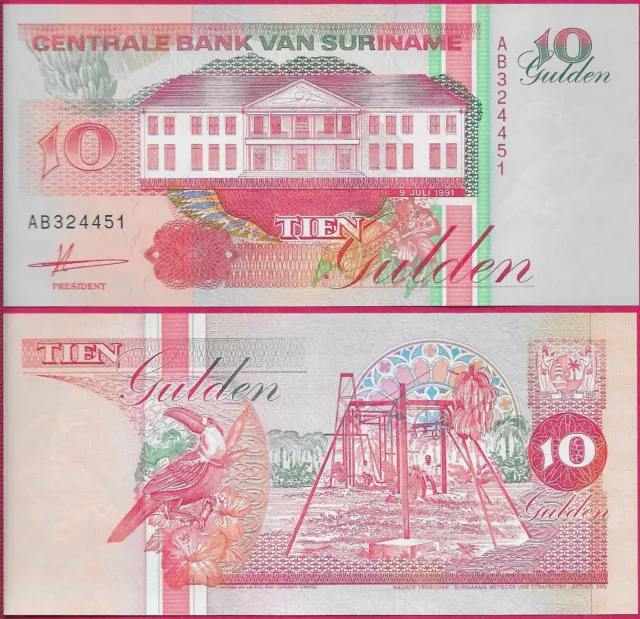 Suriname (Dutch Guiana)10 Gulden 1991 Unc Banana Harvesting At Center Right,Cent