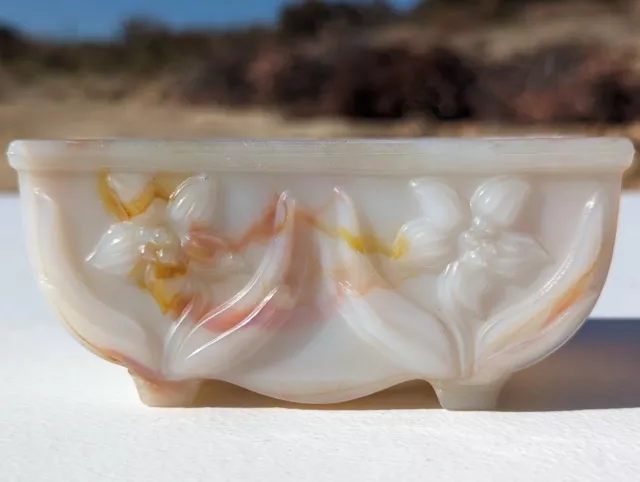 Vintage Akro Agate Slag Glass Orange Cream Planter Box Dish Flowers Daffodils