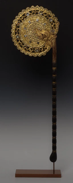 19th Century, Mandalay, Antique Burmese Wooden Fan with Gilded Gold and Glasses