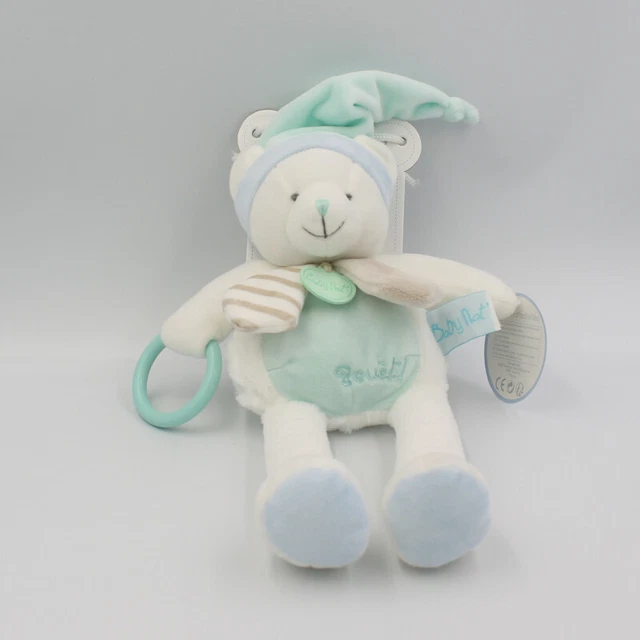 Doudou ours blanc bleu beige anneau Les Tendres BABY NAT NEUF - 28325