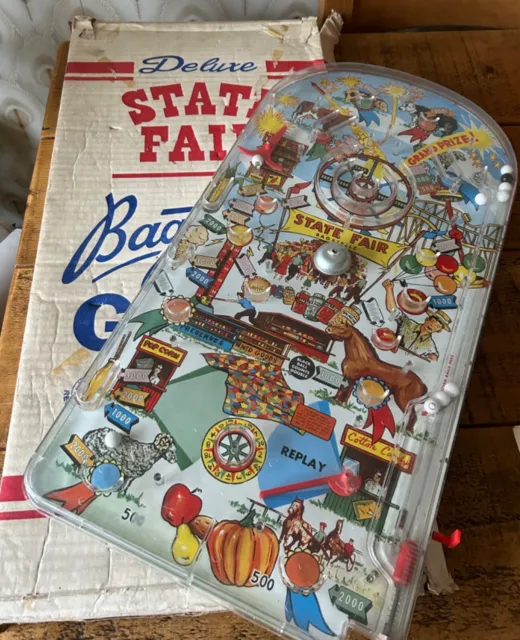 Deluxe State Fair Bagatelle game, boxed, working, Louis Marx, Tin plate, 24”x12”