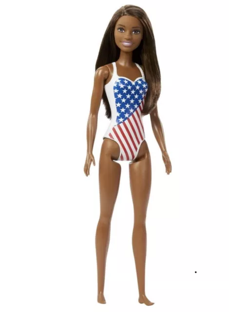 Barbie Doll With Beach Theme In American Flag Stars And Stripes Swimsuit