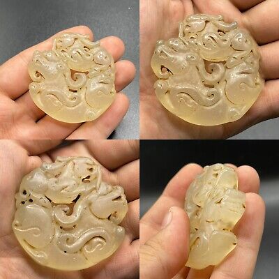 Very Beautiful Old Mongolian Jade Stone Carved 2 Dragon Unique Amulet