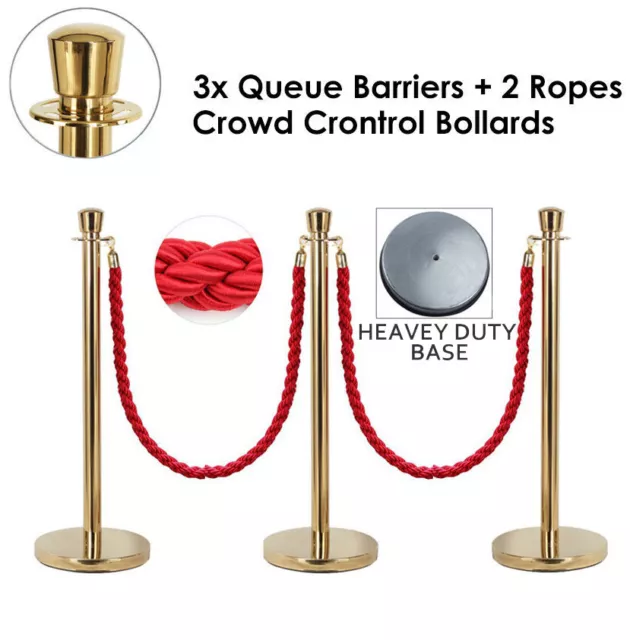 3x Queue Barriers +2 Ropes Crowd Control Bollards Stanchion (GOLD WITH RED ROPE)