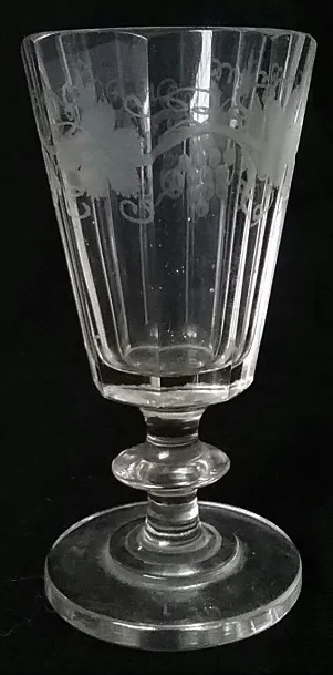 Wine Glass c.1820 Sliced Bucket Bowl Blade Knop Stem Grape Vine Hand Etched 4" T