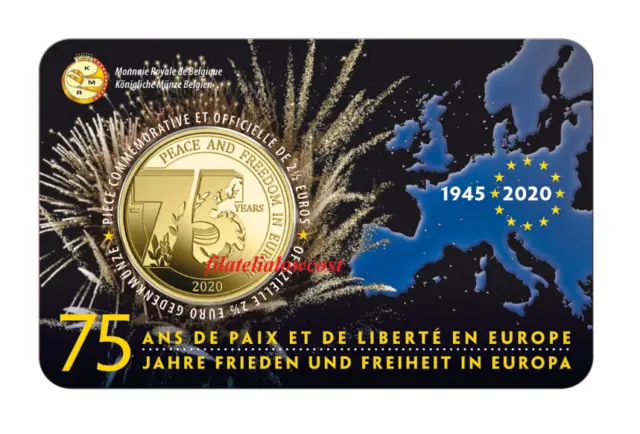 2,5 Euros 2020 Belgique 75 Anniversaire Paix Europe Devise Coin Card Officiel 3