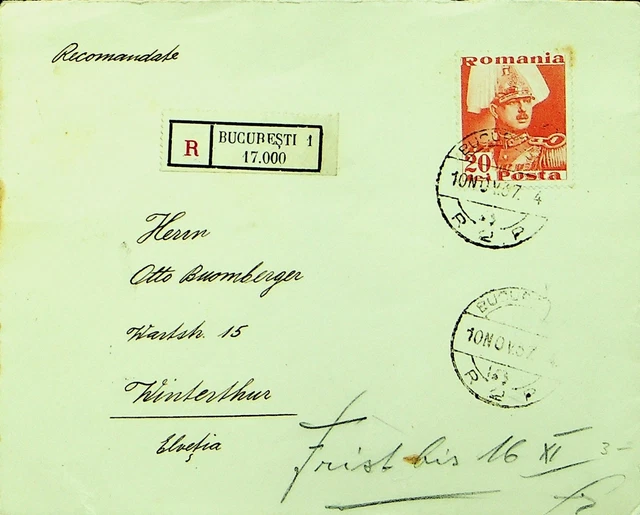 Romania 1937 Pre Wwii 20 Lei On Bucuresti Regd Cover To Winterthur Switzerland