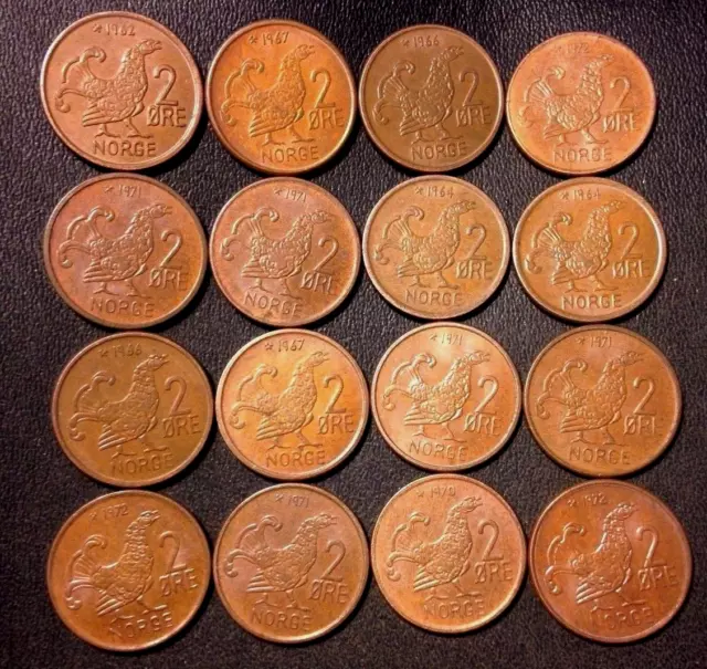 Vintage Norway Coin Lot - 2 Ore - MOOR HEN SERIES - 16 Great Coins - Lot #S23