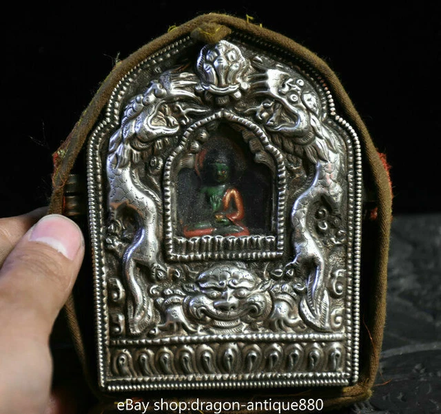 5" Old Tibet Buddhism Silver Shakyamuni Amitabha Buddha Dragon Ghau Shrine Box