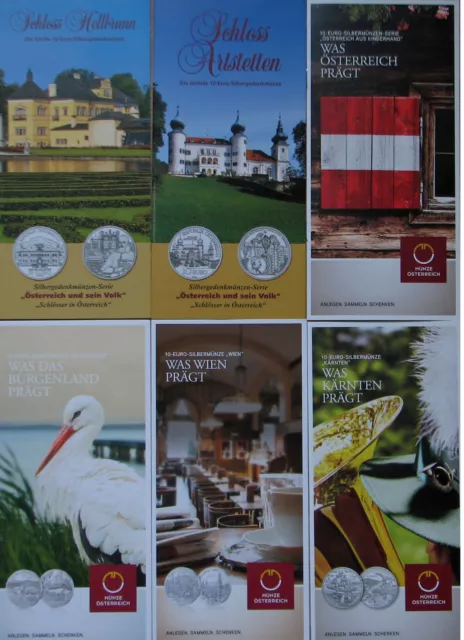 6 St. Flyer/Folder 10 EURO Silber/Cu Gedenkmünzen Austria Österreich 2005-2010