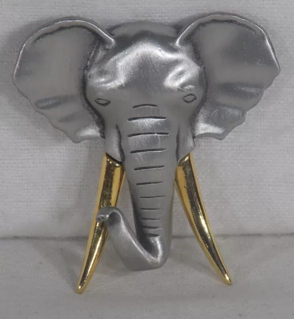 Signed JJ Silver, Pewter Tone Elephant Brooch Pin with Gold Tone Jonette Jewelry