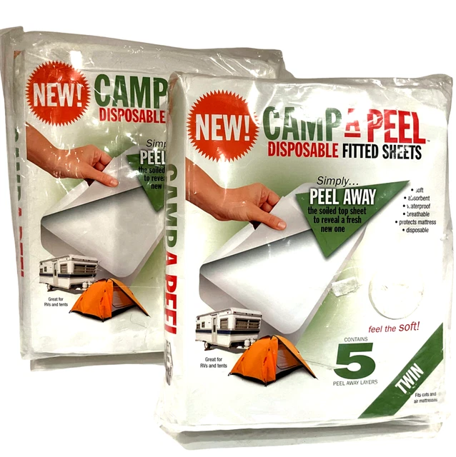 (2) New Camp-A-Peel Disposable Fitted 5 Twin Sheets Fits Cots & Air Mattresses