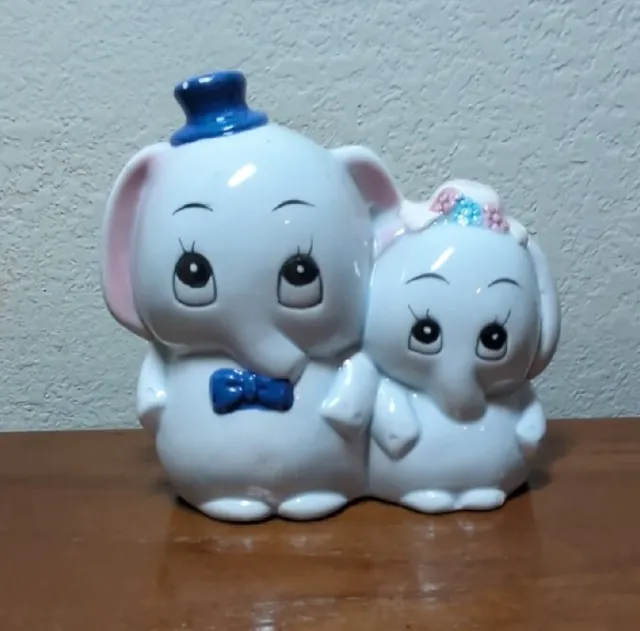 Vintage Ceramic Elephant Couple Bank-Taiwan Cartoon Circus Big Eyes Nursery