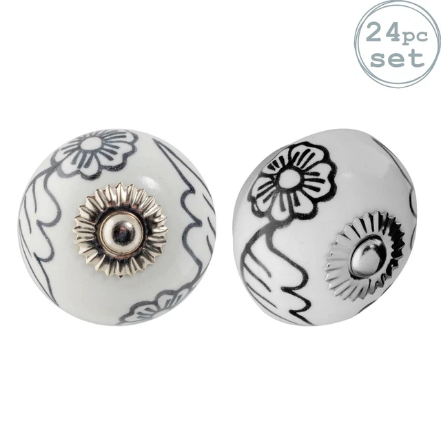 Bouton en céramique Porte d'armoire armoire poignée - Floral - Noir / Blanc x24