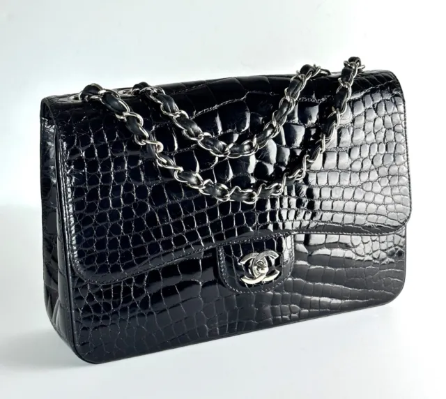 CLASSIC CHANEL BLACK Crocodile Flap Bag with Silver Hardware