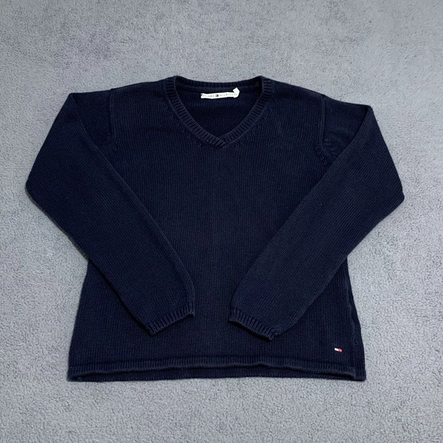 Tommy Hilfiger Cotton Knit V-Neck Jumper Women’s Large Pullover Sweater Navy
