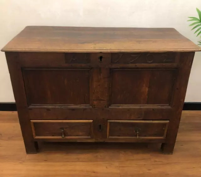 Antique Carved Queen Anne Period Oak Coffer Chest With 2 Drawers AI 1702