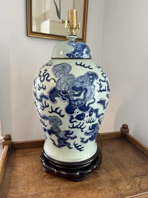 Large Porcelain Chinese Chinoiserie Celadon Blue Foo Dog Ginger Jar Lamp