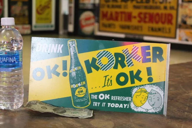 RARE 1950s OK KORKER SODA DEALER 2-SIDED PAINTED METAL FLANGE SIGN LEMON LIME