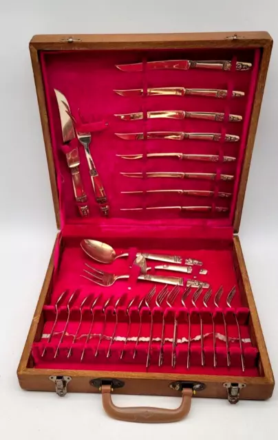 Solid Brass Flatware 29 pcs Vintage Thailand Set Buddha Design & Solid Wood Box