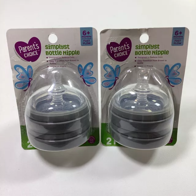 Parents Choice Simplyst Bottle Nipple 6+ Months Fast Flow New Sealed Two