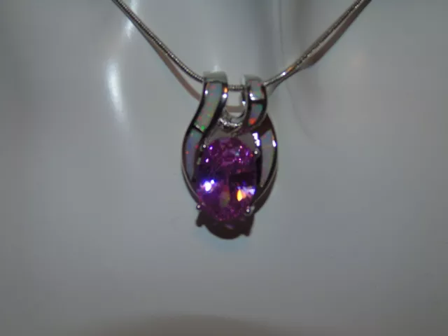 Sterling Silver Pink Cubic Zirconia And White Fire Opal Necklace (13)