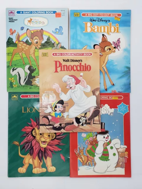 Lot of 5 Vintage Disney Golden Coloring Activity Books Pinocchio Lion King Bambi
