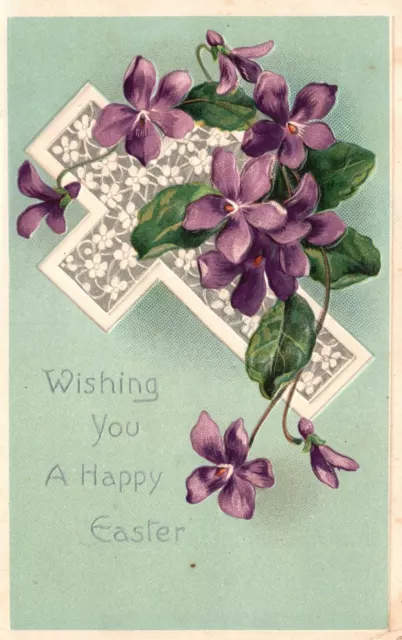 Wishing You A Happy Easter, Purple Flower, Cross, Greetings Vintage Postcard