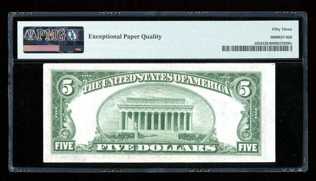 DBR 1934-B $5 Silver Fr. 1652 Vinson LA Block PMG 53 EPQ Serial L17097844A 2